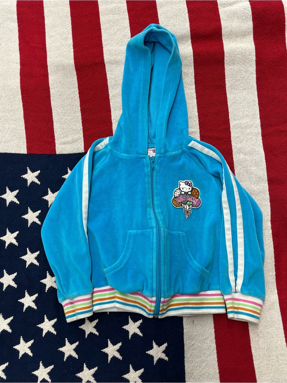 Vintage Hello Kitty Turquoise Hooded Zip-Up Sweatshirt with Stripes Size 5
